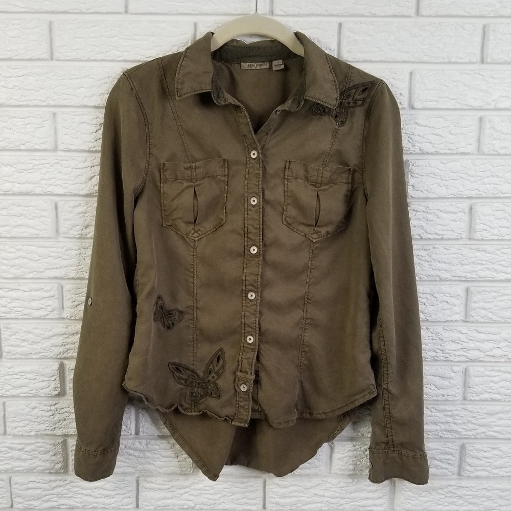 Anthro Holding Horses Embroidered Top 0 Olive - Picture 2 of 8
